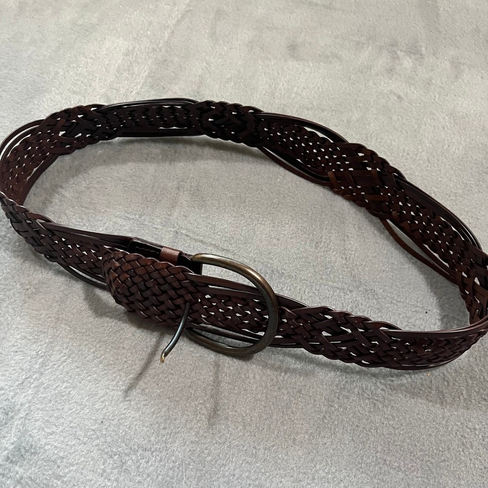 Womens Brown Braided Belt Small S Bonded Leather Woven‎ Casual Accessory